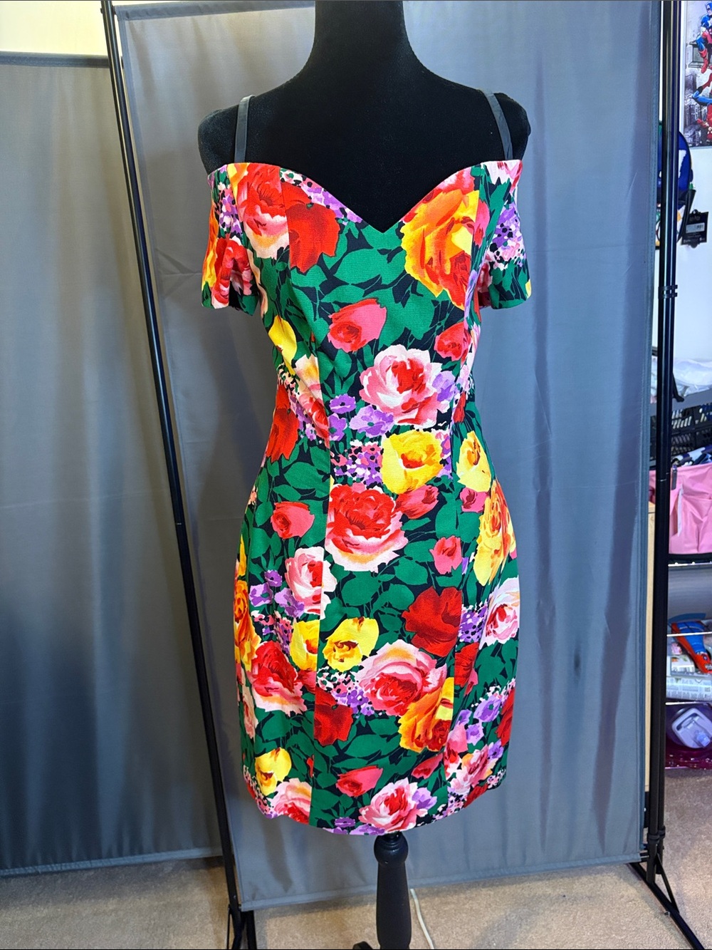 Leslie Fay Green Floral Off-Shoulder Cocktail Dress